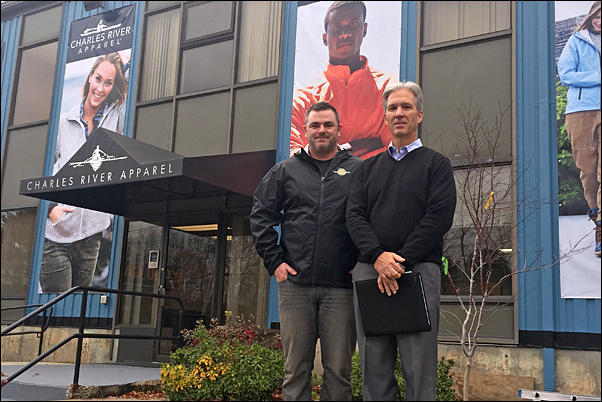 Cutline: While at the Sharon, Massachusetts, offices of Charles River Apparel, Tucker (not pictured) and Baker (right) toured the supplier’s facility with Tradeshow Manager Sean Moore (left) and Vice President of Marketing Tracy Lehnen (not pictured) and discussed its plans for Expo, its possible participation in Expo East, and advertising and sponsorship opportunities for 2017.