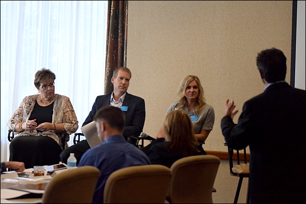 PPAI Board members Mary Jo Tomasini, MAS; Dale Denham, MAS+, and Brittany David take a question from PPAI President and CEO Paul Bellantone, CAE, during Tuesday's committee leadership training workshop.