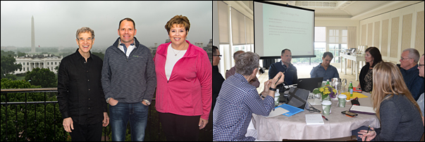 Left: Rick Brenner, MAS, immediate past chair; Tom Goos, MAS, chair and Mary Jo Tomasini, MAS, chair-elect take in the spectacular conference room view during a break. Right: The process to develop PPAI’s Strategic Plan included a number of small-group exercises involving board and staff members.
