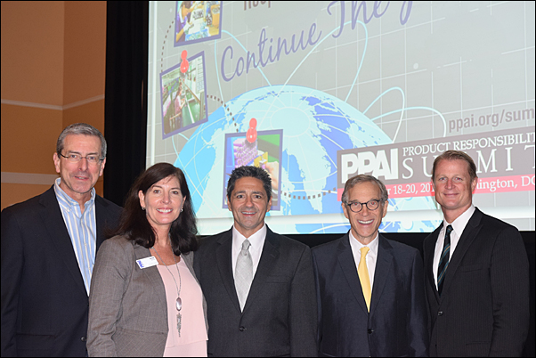 Product Responsibility Summit organizers, from left, Gene Geiger, MAS+, Anne Stone, Paul Bellantone, CAE, and Rick Brenner, MAS+ meet with CPSC Commissioner Joseph Mohorovic (far right).