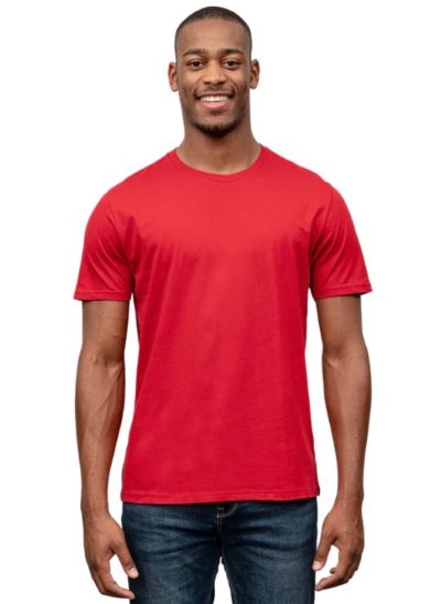 man wearing red organic cotton T-shirt