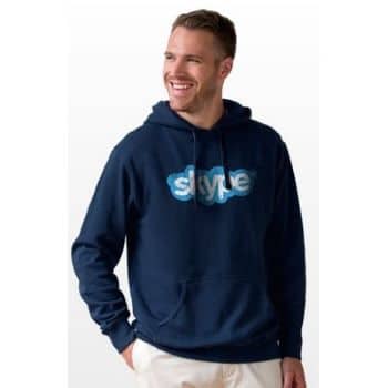 man in navy blue hoodie with Skype logo