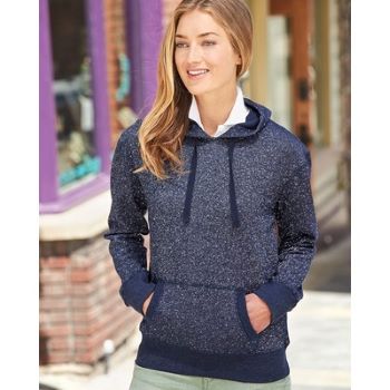 woman in dark blue French terry hoodie with her hands in the kangaroo pocket