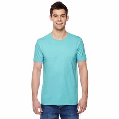 man in "Frozen" ice blue T-shirt
