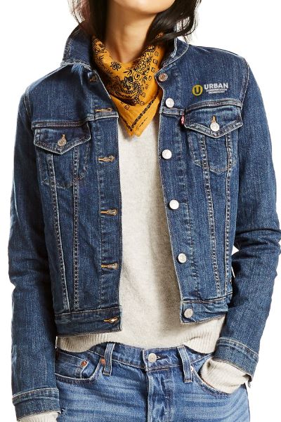 woman wearing blue jean jacket denim