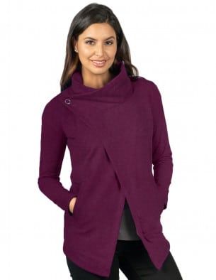 woman wearing purple wrap cardigan