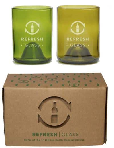 pair of glass tumblers made from repurposed wine bottles with gift box