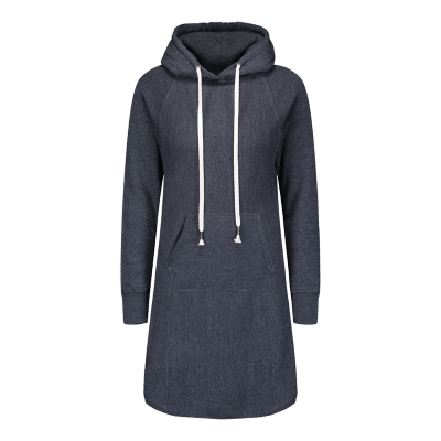 hoodie sweatshirt dress in dark blue with kangaroo front pocket and white hood cord