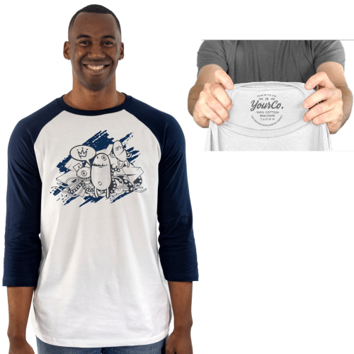 man wearing 3/4 sleeve baseball tee with graphic - inset showing custom label printed inside