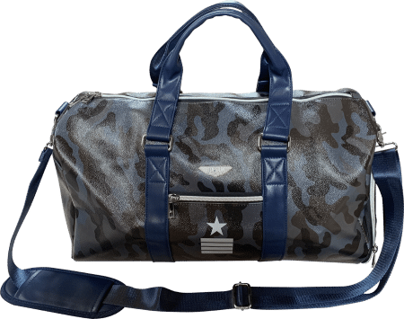 blue gray camouflage Top Gun custom vegan leather duffel bag