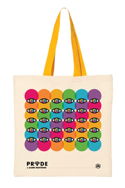 Alamo Drafthouse Pride tote bag with rainbow circle-and-eye pattern