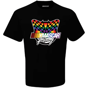 black Nascar tee with rainbow "Yaaascar" Pride slogan