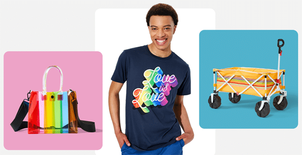 rainbow clear vinyl tote, black tee with rainbow "Love is Love" slogan, and yellow collapsible wagon with rainbow stripe