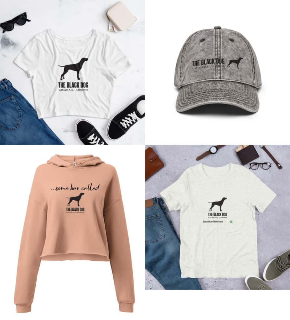 sampling of The Black Dog pub's Taylor Swift merch collection - clockwise from top left: cropped logo tee, logo dad cap, logo + location services tee, logo crop "some bar called" hoodie in dusty peach