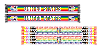 2 different rainbow Pride supporter scarves with U.S. Soccer branding