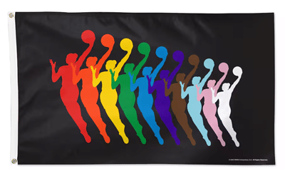 black flag with WNBA logo repeated in rainbow hues for Pride