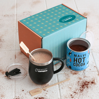 hot cocoa gift box with insulated mug and hot chocolate mix