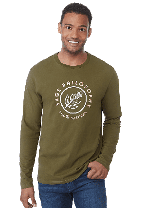 man wearing olive green long-sleeved T-shirt with custom logo on chest