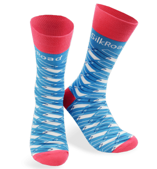 custom socks with blue argyle pattern and brand name at top cuff