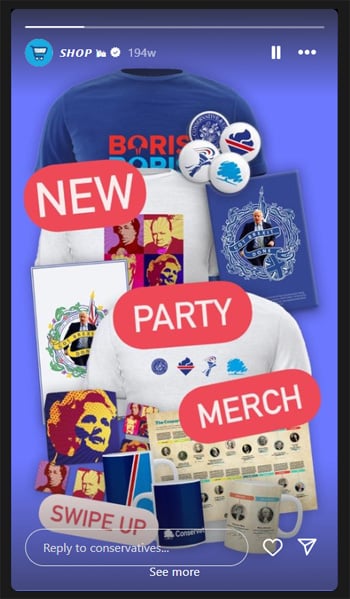screenshot of Tory Conservatives Instagram merch reel from October 2020