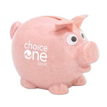 pink piggy bank with white bank logo