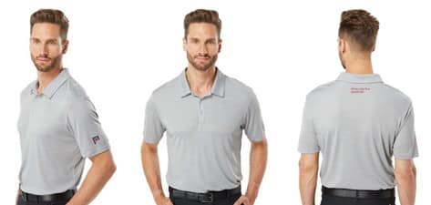 Polsinelli Law custom gray polo with logo on sleeve and motto on back yoke