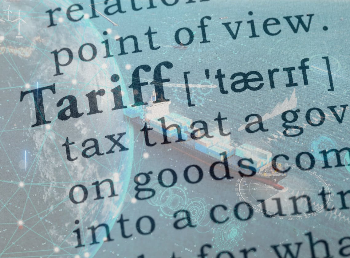 tariff dictionary definition closeup with global shipping illustration turquoise shaded overlay