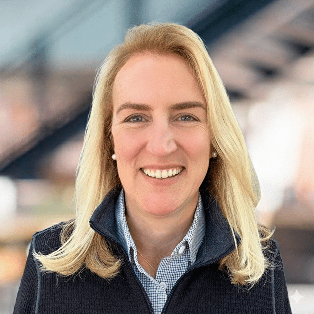 Laura Smith, smiling blonde woman in dark jacket